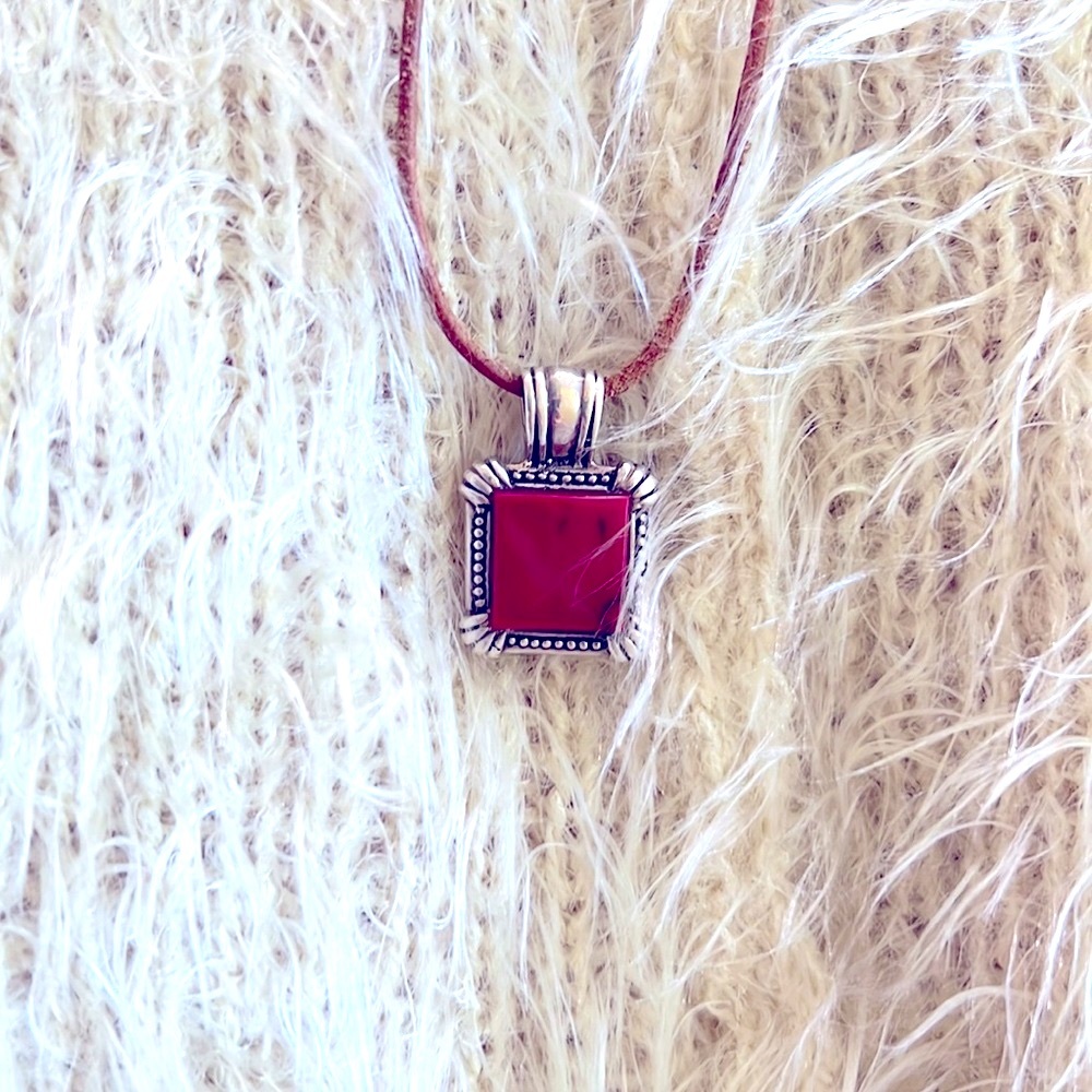 925 Sterling silver pendant red coral on leather 18” necklace adjustable